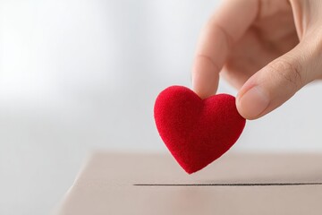 Hand placing a vibrant red heart into a donation box, representing the essence of charity, love, and the spirit of giving