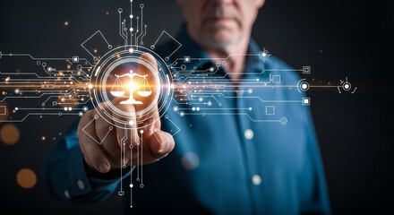 Justice and laws concept. AI ethics or AI law, developing AI codes of ethics. Compliance, regulation, standard and business policy. businessman touching law technology symbol on virtual screen.