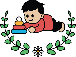 A baby is laying on a bed with a stack of blocks