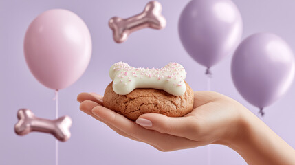 Hand holding bone-shaped dog treat cupcake during pet birthday celebration. Festive dog cake with pink icing and sprinkles surrounded by pastel balloons for special canine party occasion.