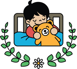 A black and white drawing of a child sleeping with a teddy bear