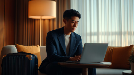 Professional businessman working on laptop in luxury hotel suite during business travel. Asian executive in suit uses computer with suitcase nearby in elegant modern room interior.