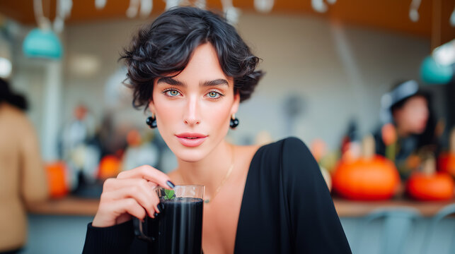 Beautiful woman enjoying dark Halloween cocktail in cozy cafe. Seasonal autumn drink with festive orange pumpkin decorations. Perfect spooky party beverage concept.