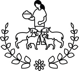 A woman is feeding a group of goats