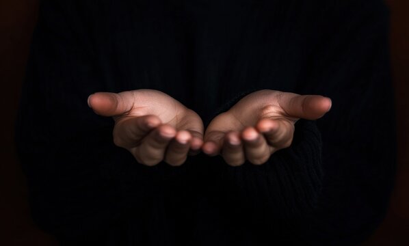 Two hands cupped together on a black background, creating a sense of offering, receiving, or requesting