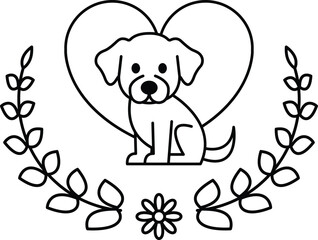 A black and white drawing of a dog sitting in a heart