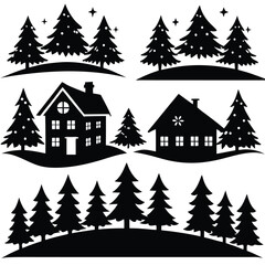 Fototapeta premium Winter Wonderland Silhouettes: Houses & Trees for Crafts & Design