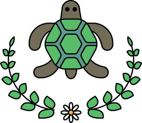 A turtle is drawn in black and white with a leafy border