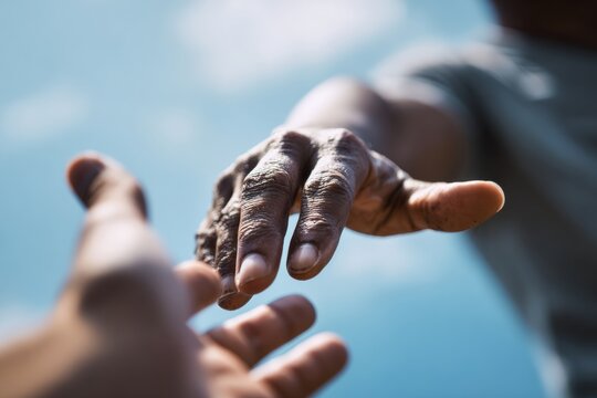 Two hands reaching out toward one another against a bright blue sky, representing themes of support, hope, and human connection