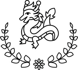 A black and white drawing of a dragon with a crown on its head
