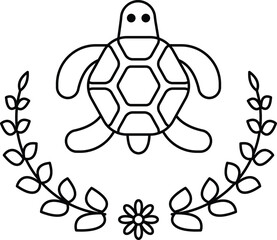 A turtle is drawn in black and white with a leafy border
