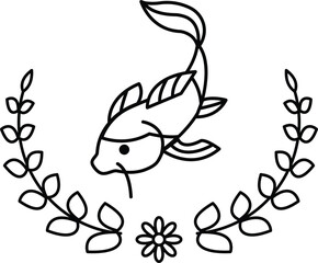 A fish is swimming in a wreath of leaves