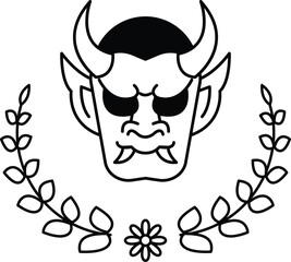 A black and white drawing of a demon with horns and a mask
