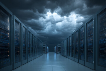 A cloud data center with rows of servers An AI tool is scanning for malware across virtual environments