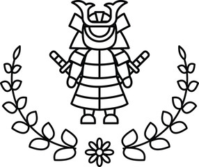 A black and white drawing of a samurai warrior holding two swords