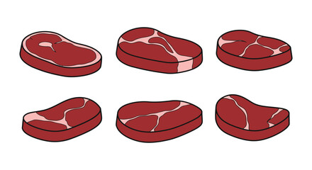 Raw beef steaks in different shapes and cuts on white background silhouette