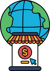 A black and white drawing of a globe with a dollar sign on it