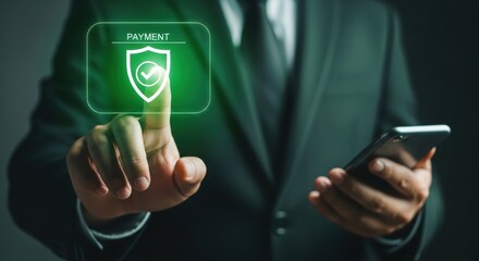 Businessman s hand touches a glowing digital shield icon representing cybersecurity and data protection