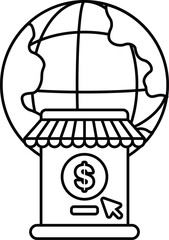 A black and white drawing of a globe with a dollar sign on it
