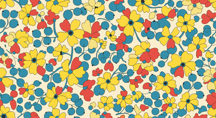 Vibrant retro floral pattern with yellow red flowers and blue berry accents on cream background