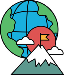A drawing of a globe with a mountain in the background