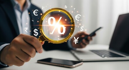 Magnifying glass revealing glowing percentage symbol with global currency symbols and modern technology devices