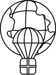 A black and white drawing of a hot air balloon with a globe in the background