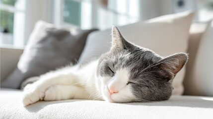 Relaxed Calm Cat Lying on Couch Resting in Bright Modern Living Room Interior.