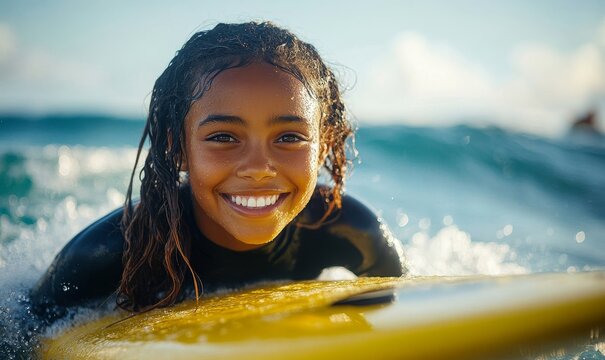 Happy African American girl surfing in the ocean, smiling while riding a yellow surfboard, enjoying a summer beach vacation with space for text or branding, Generative AI