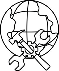 A black and white drawing of a globe with a hammer and wrench on it