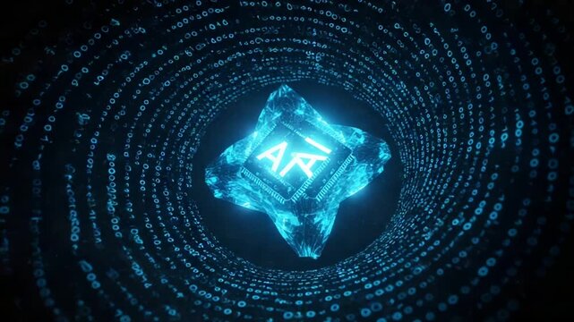 Glowing AI Chip Surrounded by Binary Code in Dark Space