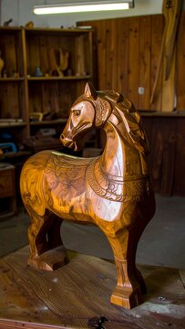 Carved wooden horse in a workshop