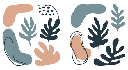 Abstract illustration of various leaves and shapes in muted colors on white background silhouette