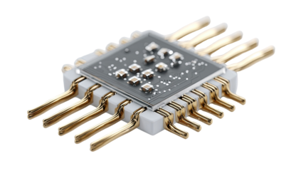 Close-up of a microchip with numerous gold connectors.  A square black circuit board is centered, encased in a clear plastic.  Multiple gold-colored pins radiate outward.  3D rendering style