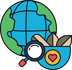 A black and white drawing of a globe with a magnifying glass on it