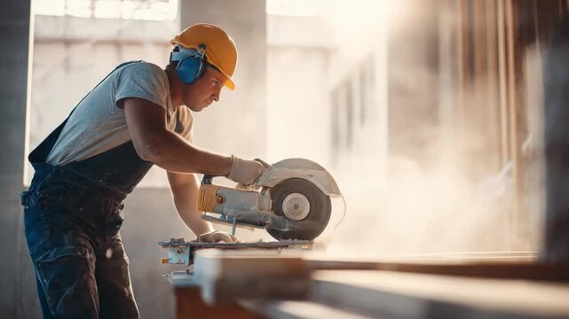 A construction worker skillfully operates a circular saw in a partially completed building, with dust swirling in the air, showcasing the intensity of manual labor in a developing environment