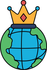 A black and white drawing of a globe with a crown on top