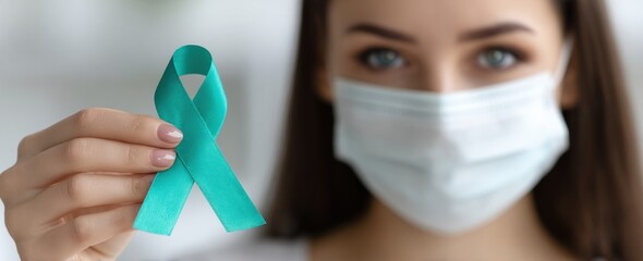 Doctor holding a teal awareness ribbon, symbolizing support for multiple medical causes like ovarian and cervical cancer, and PTSD