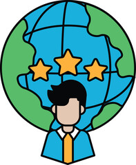 A man is standing in front of a globe with three stars on it
