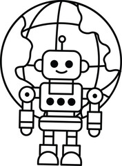 A robot is standing on a globe