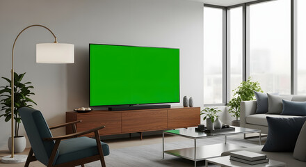 Fototapeta premium Modern Living Room with Green Screen TV Mockup Chroma Key Interior Design Scene for Media and Advertising
