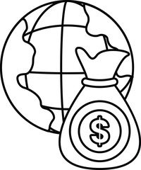 A black and white drawing of a globe with a dollar bill and a bag of money on it