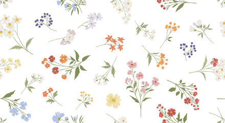 Delicate floral pattern featuring small wildflowers in various colors on a white background