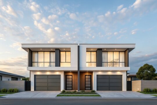 Modern duplex house architectural design exterior view at sunset with clean lines