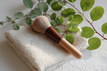 A natural-toned makeup brush rests gently on a soft cream-colored towel, surrounded by fresh green leaves, creating a serene and spa-like atmosphere.