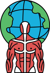 A man's body is drawn in black and white with a globe in the background