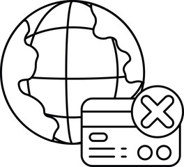 A black and white drawing of a globe with a credit card on it and an X on it