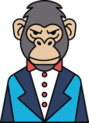 A black and white drawing of a man in a suit and tie with a monkey on his head