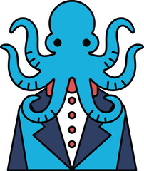 A black and white drawing of an octopus wearing a suit and tie