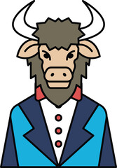 A bull is wearing a suit and tie